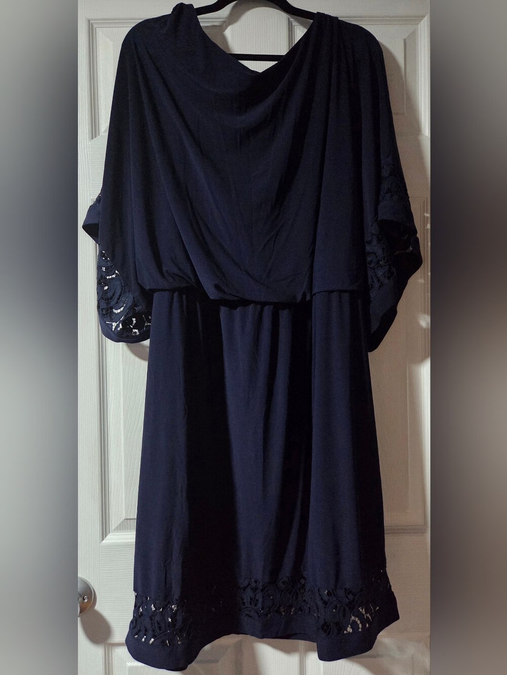 Jessica Howard Navy Blue Draped Lace Sleeve Midi Dress